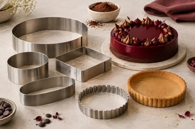 Cercles à pâtisserie près d’un entremets et d’une pâte à tarte