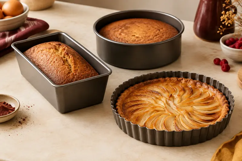 Moules à cake, à gâteau et à tarte posés près de pâtisseries dorées