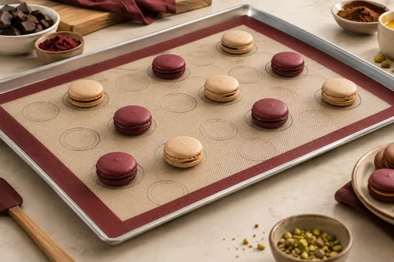 Tapis de cuisson posé sur une plaque avec des biscuits espacés