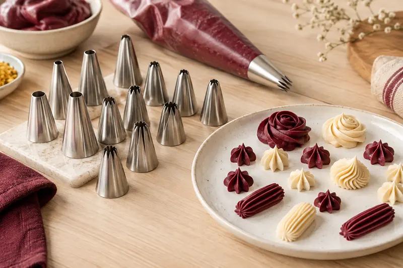 Douilles de pâtisserie lisses et cannelées près de décors pochés