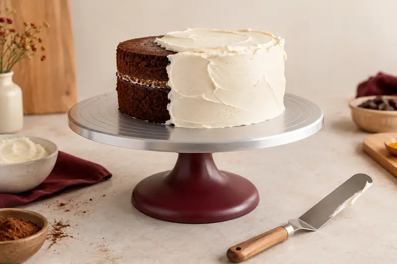 Gâteau en cours de finition posé sur un plateau tournant de pâtisserie