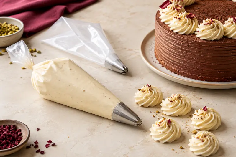 Poche à pâtisserie garnie près d’un gâteau décoré de rosaces