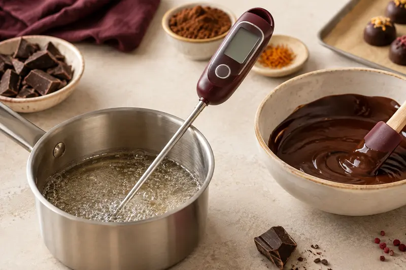 Thermomètre de cuisine près d’une casserole de sirop et d’un bol de chocolat