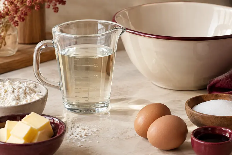 Verre doseur gradué rempli de liquide près d’un bol de pâtisserie