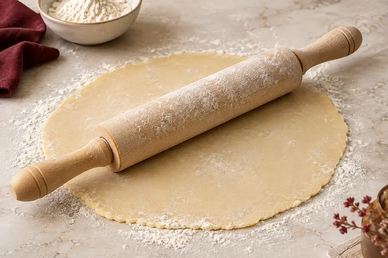 Rouleau à pâtisserie posé près d’une pâte étalée et farinée