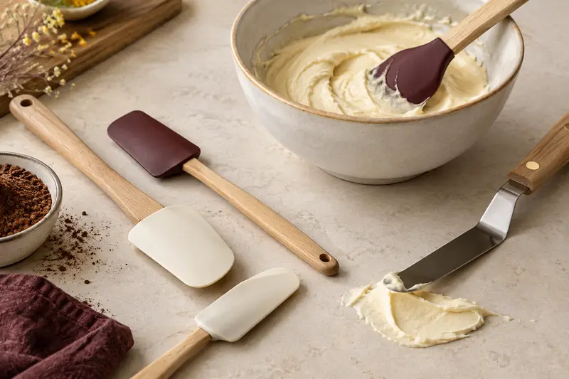Maryses et spatules près d’un bol de pâte et d’une crème étalée