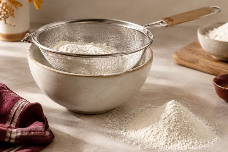 Tamis de pâtisserie au-dessus d’un bol avec de la farine tamisée