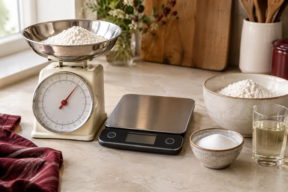 Balance mécanique et balance électronique côte à côte sur un plan de travail avec farine et liquide à peser