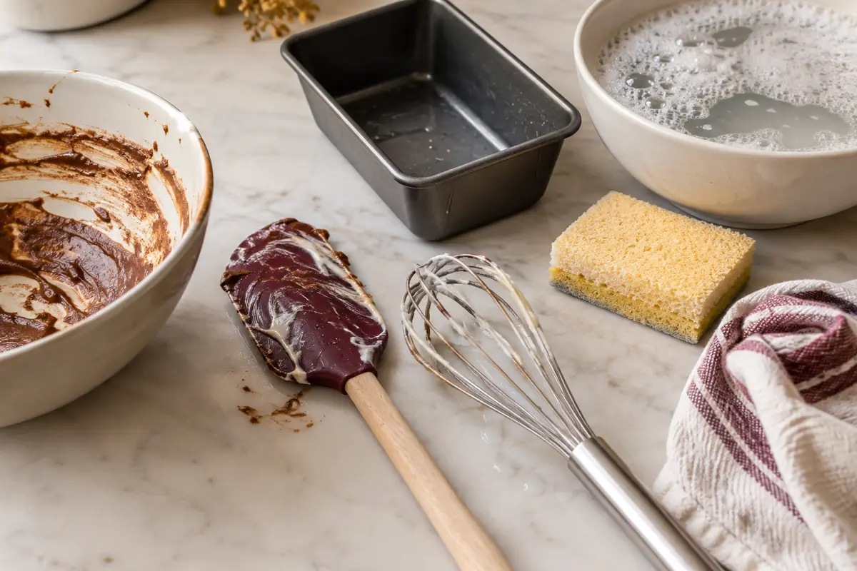 Maryse, fouet et moule de pâtisserie près d’une éponge douce pour un nettoyage adapté
