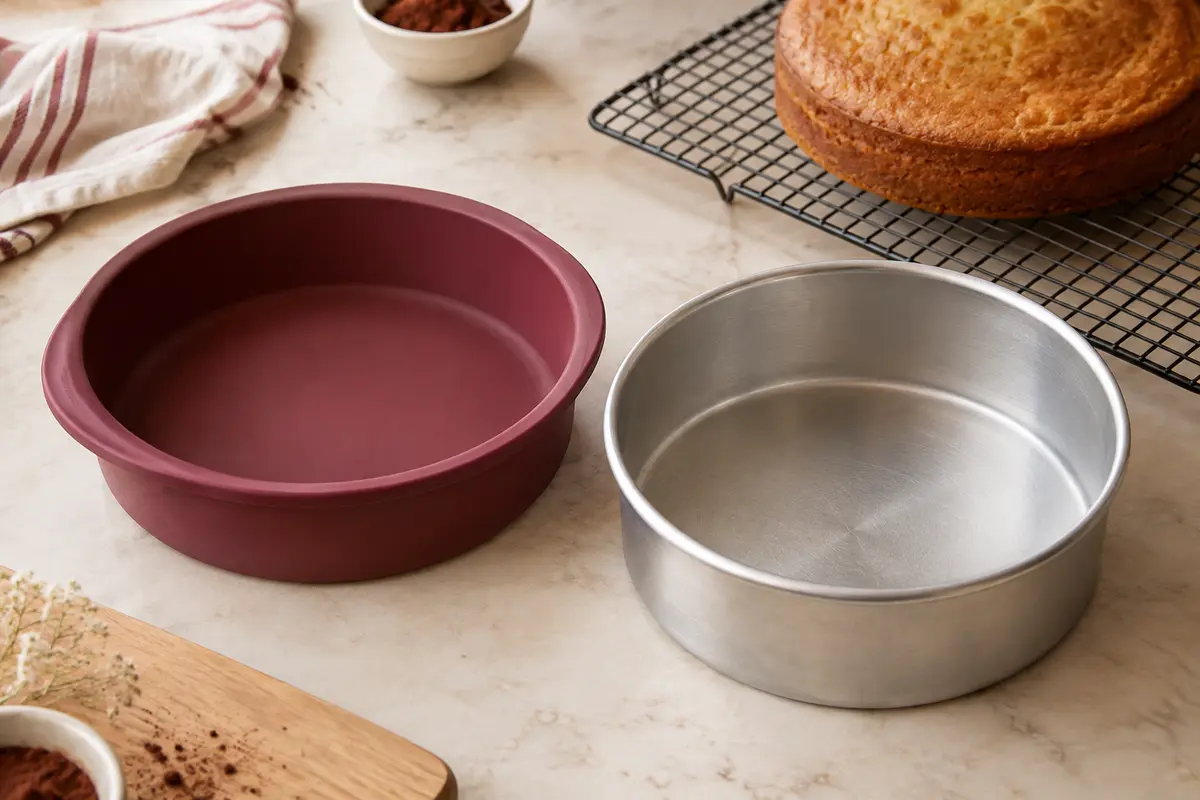 Un moule rond en silicone et un moule métallique présentés côte à côte sur un plan de travail.