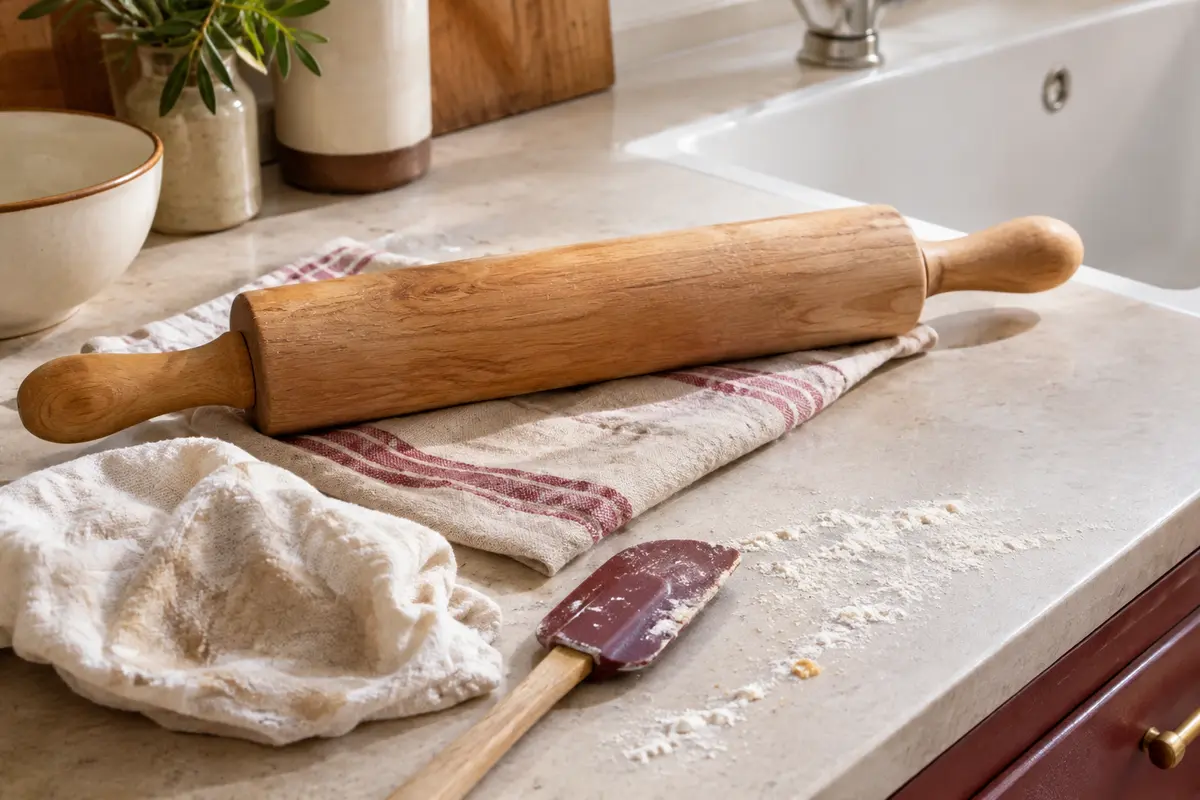 Rouleau à pâtisserie en bois posé près d’un linge propre après le nettoyage