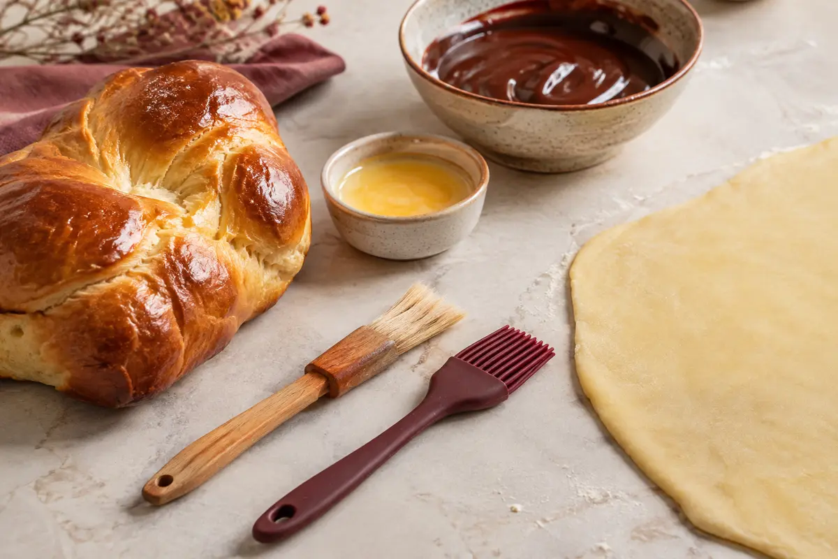 Deux pinceaux alimentaires près d’une brioche dorée, d’une pâte et de bols de dorure et de nappage