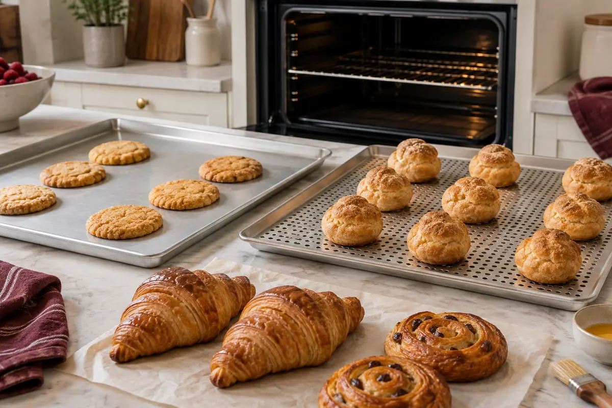 Plaques pleine et perforée avec biscuits, choux et viennoiseries dans une cuisine domestique