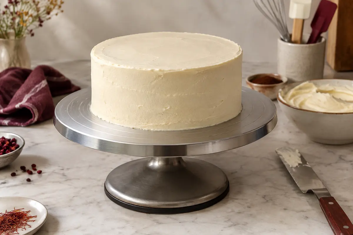 Gâteau recouvert de crème posé au centre d’un plateau tournant, avec une spatule à proximité.