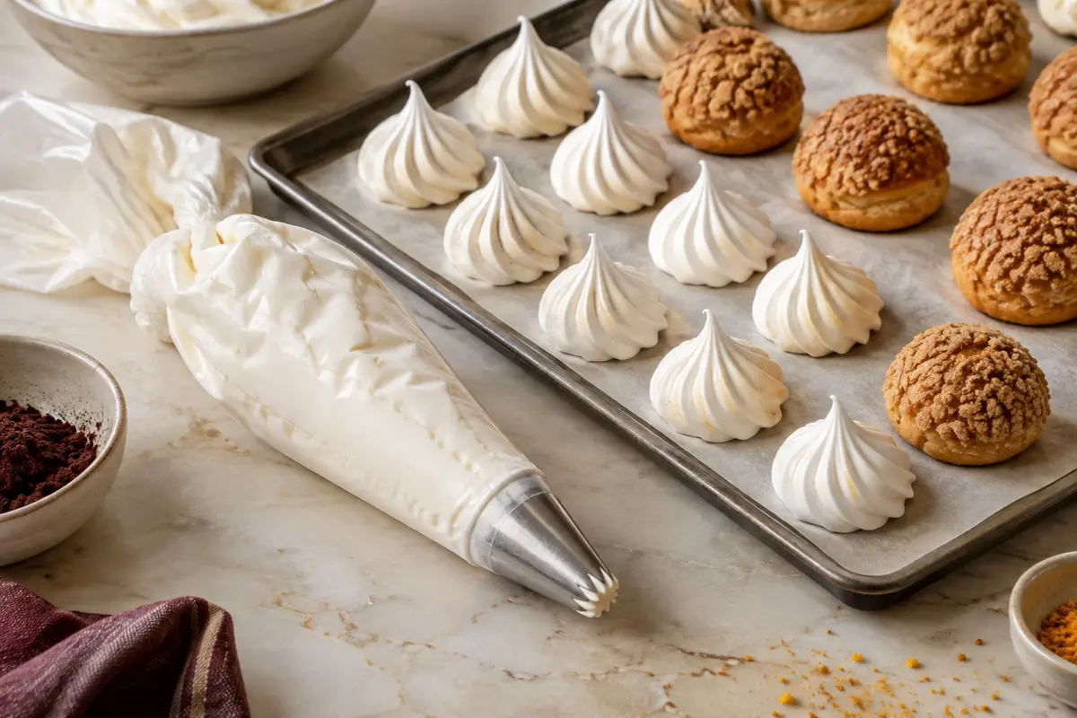 Poche à pâtisserie remplie de meringue près de choux et de meringues réguliers sur une plaque