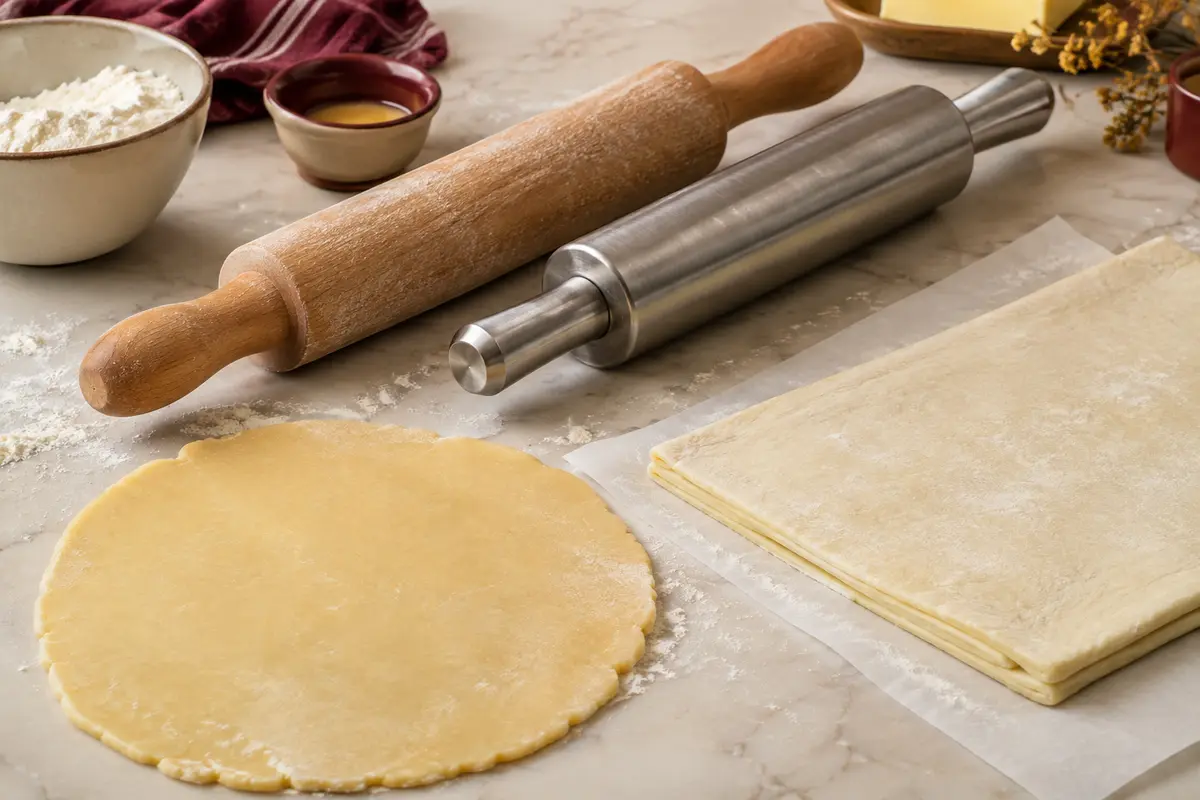 Rouleaux en bois et en inox posés près de pâtes sablée et feuilletée