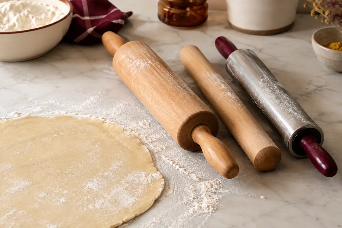 Différents formats de rouleaux à pâtisserie posés près d’une abaisse de pâte sur un plan de travail