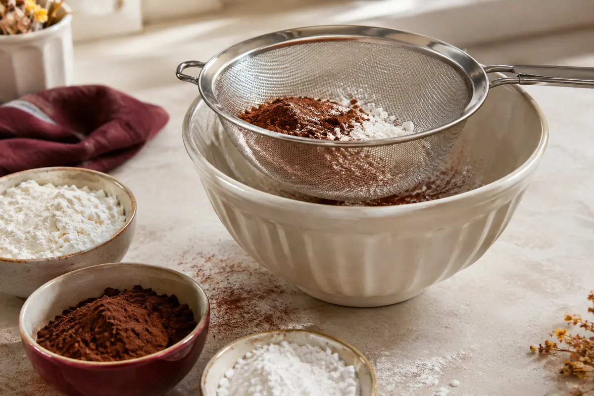 Tamis en inox au-dessus d’un bol, avec farine, cacao et sucre glace prêts à être tamisés.