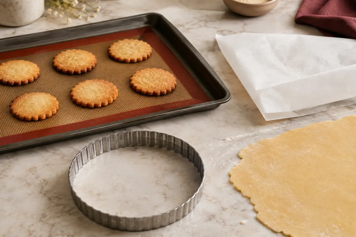 Biscuits sur un tapis en silicone, avec une feuille de papier de cuisson et une pâte sucrée à côté
