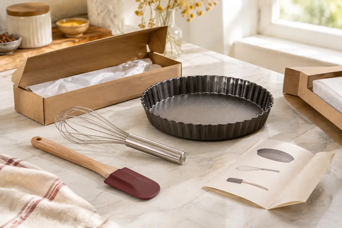 Spatule, fouet et moule propres disposés avec leur emballage avant vérification des consignes