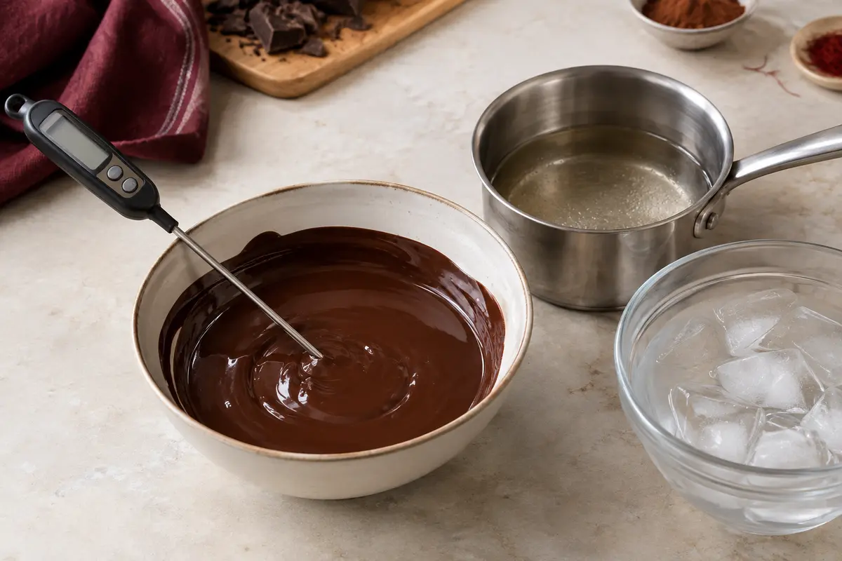 Thermomètre à sonde près d’un bol de chocolat fondu, d’un sirop et d’un mélange d’eau glacée