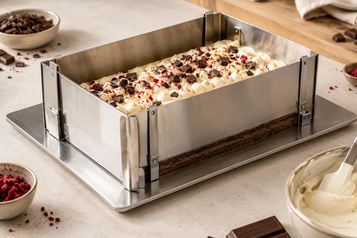 Cadre pâtisserie rectangulaire réglable en inox autour d’un gâteau sur une plaque de cuisson.