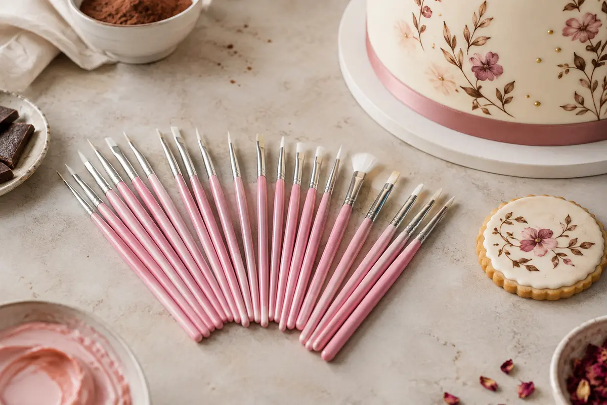 Lot de pinceaux de décoration pâtissière roses posé près d’un gâteau et de biscuits décorés