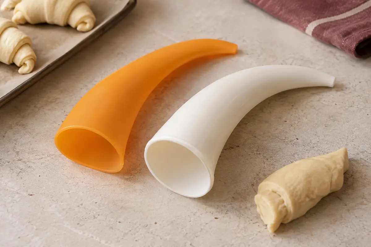 Deux cornes à pâtisserie en plastique, l’une orange et souple, l’autre blanche et rigide, posées sur un plan de travail.