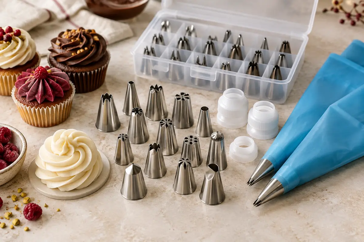 Kit AiQInu avec douilles métalliques, poches à douille bleues et boîte de rangement près de cupcakes décorés