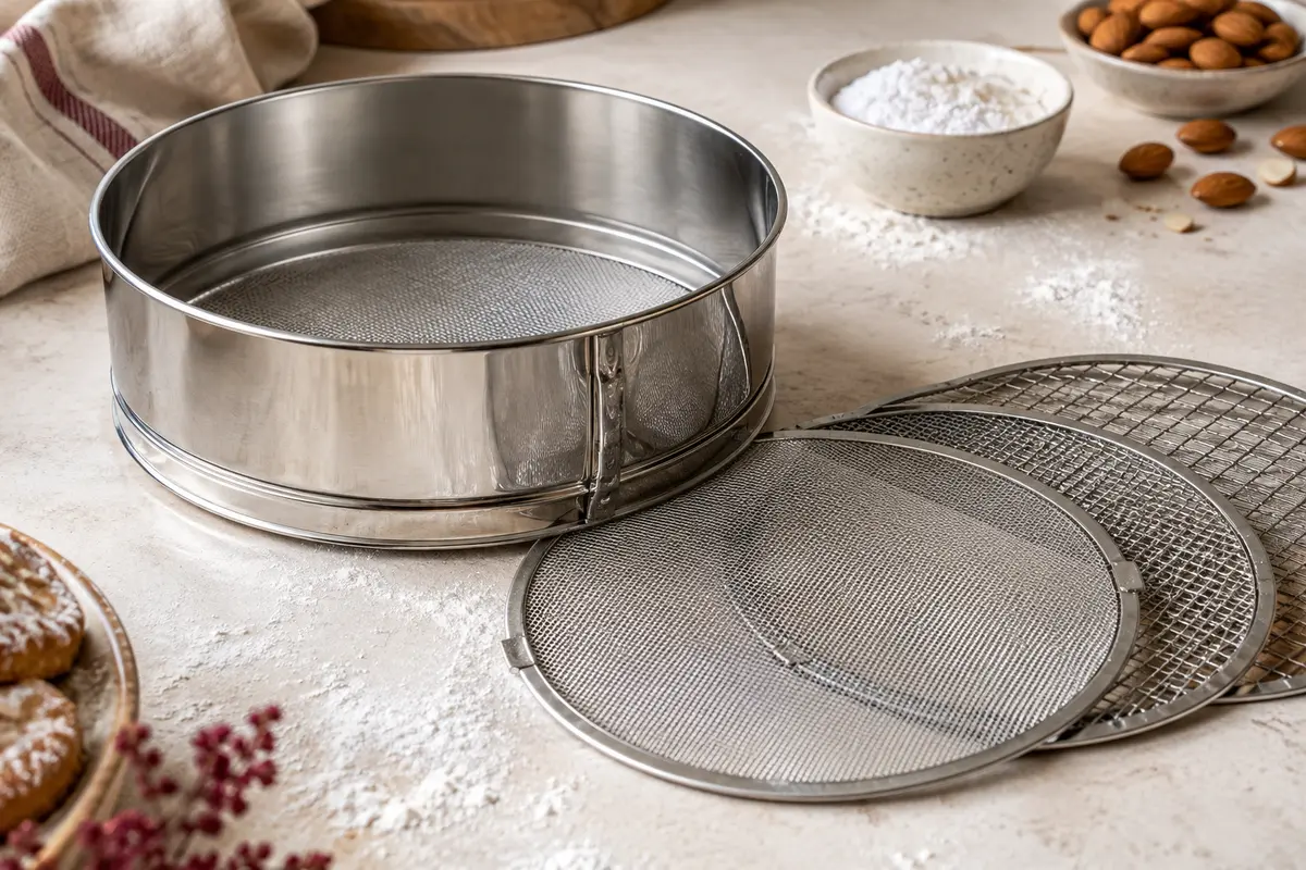 Tamis à pâtisserie en inox avec trois grilles interchangeables posé près de farine et de sucre glace