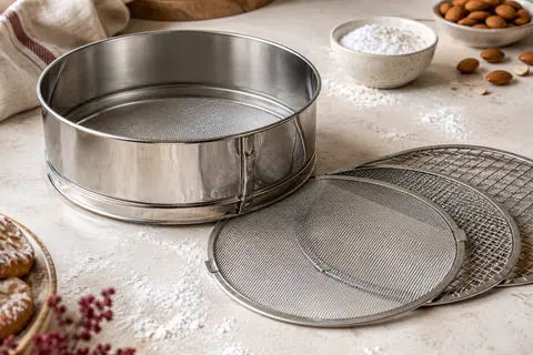 Tamis à pâtisserie en inox avec trois grilles interchangeables posé près de farine et de sucre glace