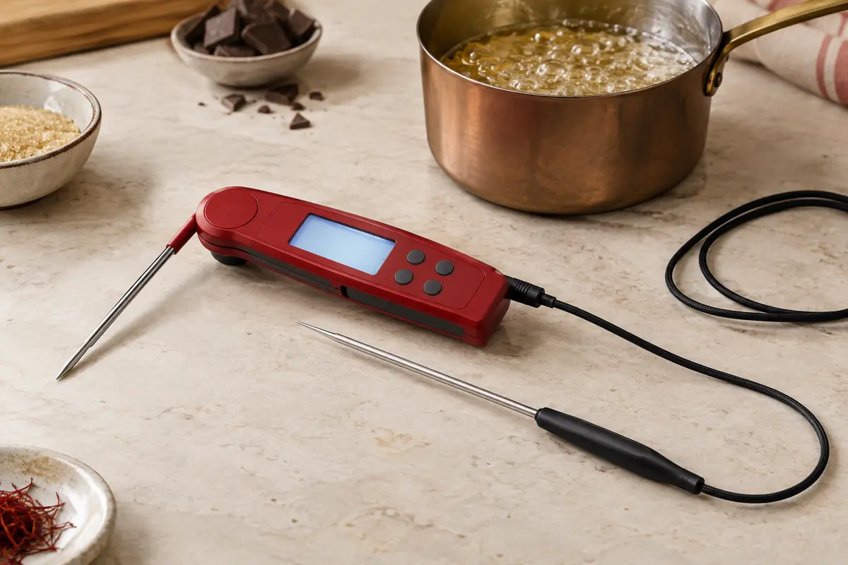 Thermomètre de cuisine rouge à double sonde posé près d’une casserole de sirop sur un plan de travail clair