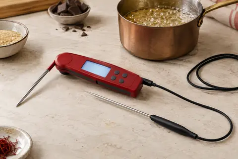 Thermomètre de cuisine rouge à double sonde posé près d’une casserole de sirop sur un plan de travail clair