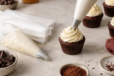 Poches à pâtisserie blanches graduées, dont une garnit un cupcake de crème sur un plan de travail clair.