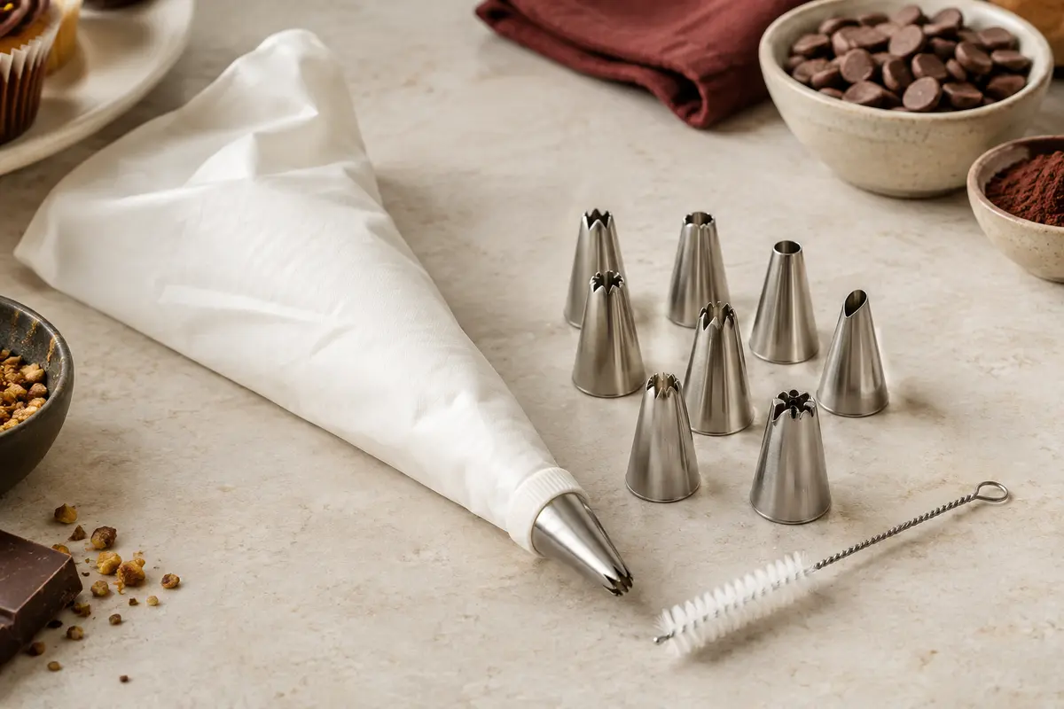 Poche à douille blanche réutilisable avec huit embouts en inox et une brosse de nettoyage.