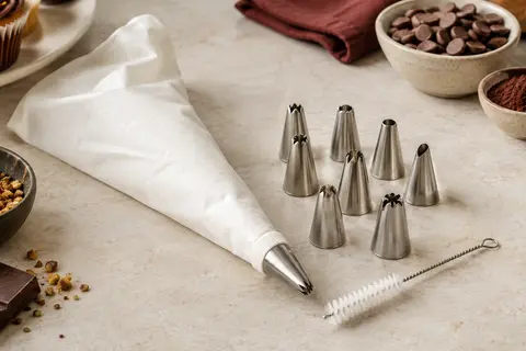Poche à douille blanche réutilisable avec huit embouts en inox et une brosse de nettoyage.