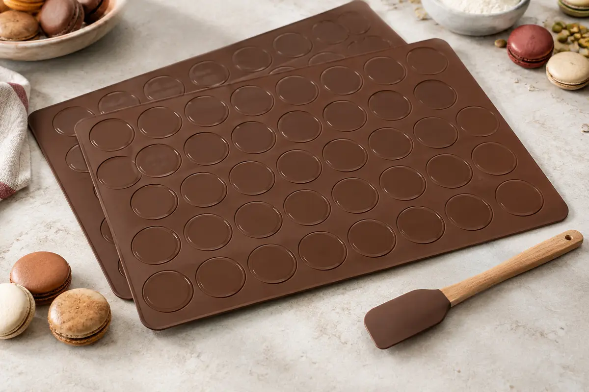 Deux tapis à macarons en silicone marron avec alvéoles circulaires et spatule sur un plan clair