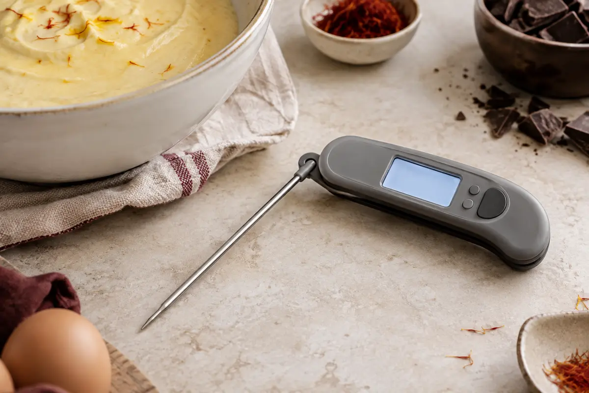 Thermomètre de cuisine gris à écran LCD et sonde pliable posé sur un plan de travail clair.