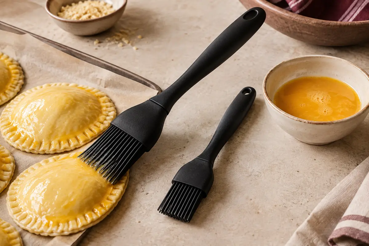 Deux pinceaux de pâtisserie noirs en silicone, de tailles différentes, près d’une pâte à badigeonner