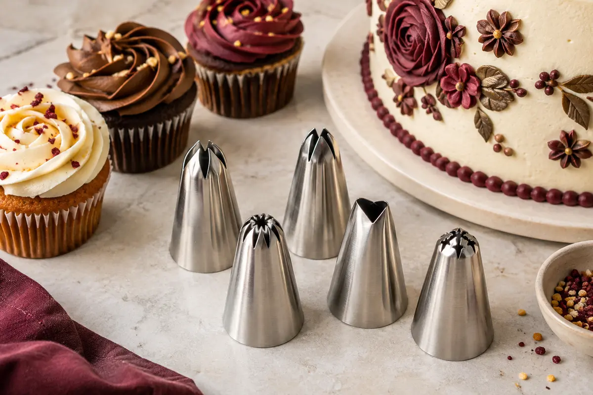 Cinq douilles de pâtisserie en acier inoxydable près de cupcakes décorés sur un plan clair.