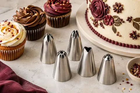 Cinq douilles de pâtisserie en acier inoxydable près de cupcakes décorés sur un plan clair.
