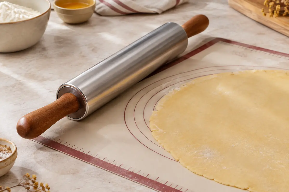 Rouleau à pâtisserie en inox avec poignées en bois posé sur un tapis de silicone gradué.