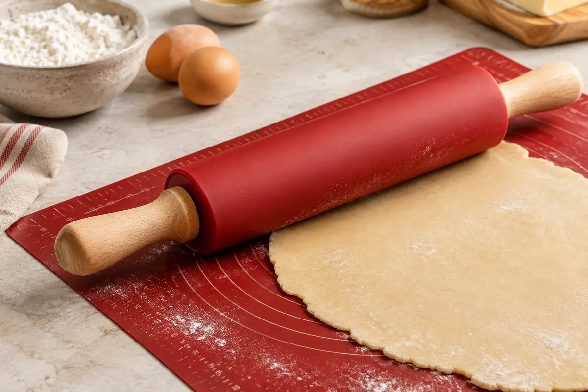 Rouleau rouge en silicone avec poignées en bois posé sur un tapis de pâtisserie gradué