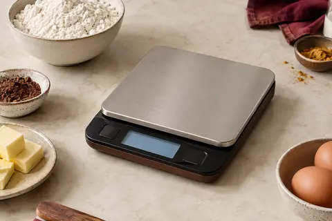 Balance de cuisine noire et brune avec plateau inox et écran LCD, posée sur un plan de travail clair.
