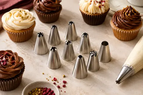 Dix douilles de pâtisserie argentées disposées près de cupcakes décorés de rosaces et de tourbillons de crème.