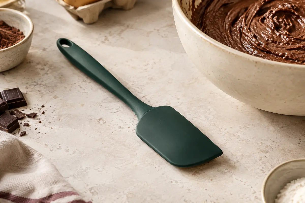 Spatule à pâtisserie en silicone vert sapin avec grattoir intégré, posée près d’un bol de pâte