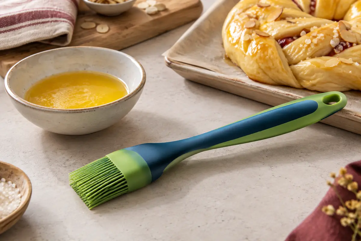 Pinceau de cuisine en silicone bleu et vert posé près d’une pâtisserie et d’un bol de beurre fondu
