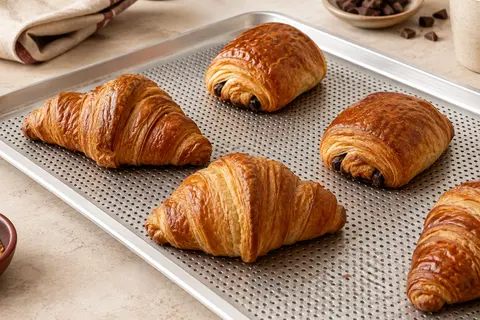 Plaque de cuisson en aluminium argenté micro-perforée avec des viennoiseries dorées, sur un plan de travail clair.