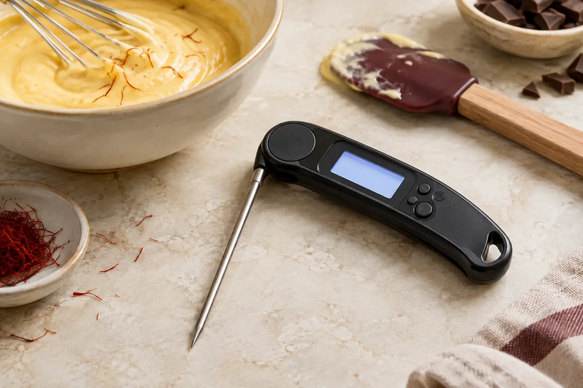 Thermomètre de cuisine noir à sonde en acier inoxydable déployée, posé sur un plan de travail clair