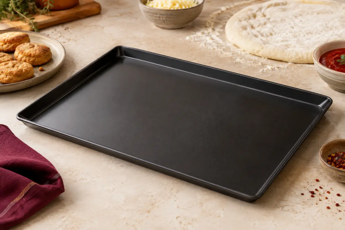 Plaque de cuisson noire en acier au carbone posée près de biscuits dorés sur un plan clair.